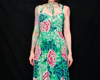 Vintage 1940's Style Floral Silk Sundress - Green Pink White Floral Silk Dress by Moulinette Soeurs for Anthropologie - size Medium 6