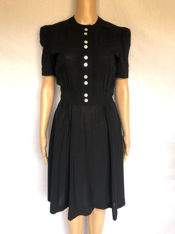 Vintage 1930's 1940's Jet Black Rayon Puff Sleeve… - image 2