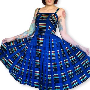 Vintage 1950&#39;s Rainbow Striped Cobalt Blue Polished Cotton Pleated Sundress - size Small