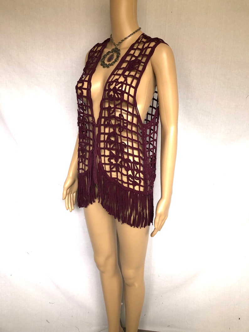 Vintage 90s Purple Cage Lattice Floral Fringe Vest size Medium image 7