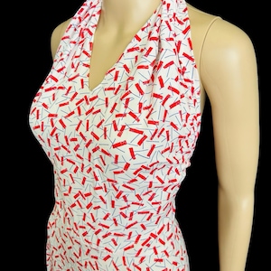 Vestido de verano vintage de los años 70 y 80, blanco y rojo, con estampado geométrico y rayas, estilo halter, talla pequeña.