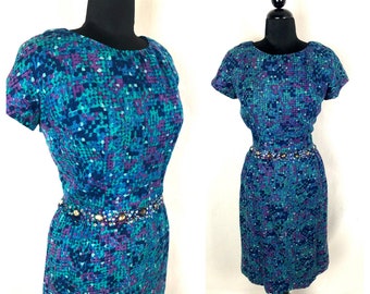 VOLUP XL Early 1960's Jewel Tone Geometric Print Wool Wiggle Dress w/ Glittering Prong-Set Rhinestone Waistband - size XL 2X Extra Large