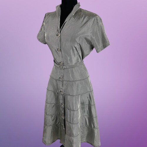 XL Vintage 1950's Black and White Gingham Plaid Print Taffeta Fit shops and Flare Dress by Mode O Day - size Large to Extra Large