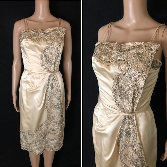 Vintage 1950's CEIL CHAPMAN Ivory Silk Satin Scul… - image 1