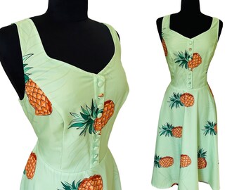 NWT Vintage 1970's Style Mint Green Pineapple Novelty Print Fit and Flare Sun Dress - size XL Extra Large