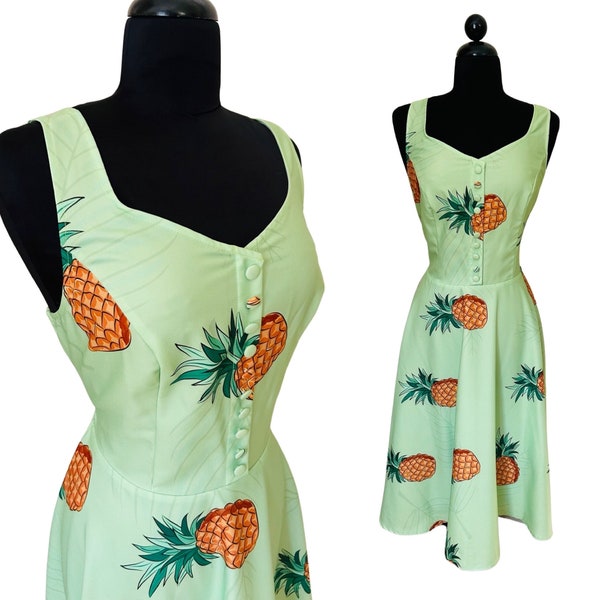 NWT Vintage 1970's Style Mint Green Pineapple Novelty Print Fit and Flare Sun Dress - size XL Extra Large