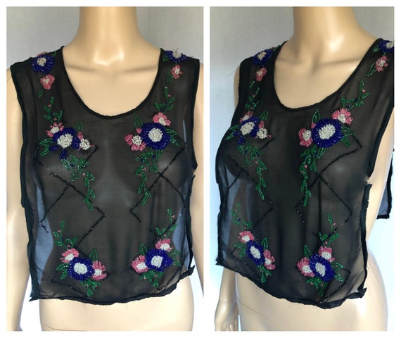 Antique 1920's Floral Beaded Sheer Dickey / Vest … - image 1