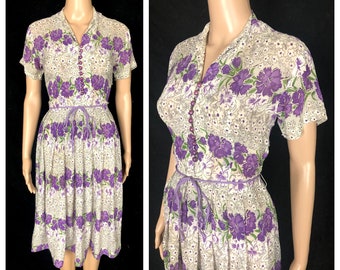 Vintage 1940's Purple Floral Print Rayon Chiffon Semi Sheer Day Dress - size Small 26 inch waist