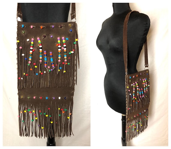 Vintage 60s 70s Brown Suede Leather Rainbow Beade… - image 1