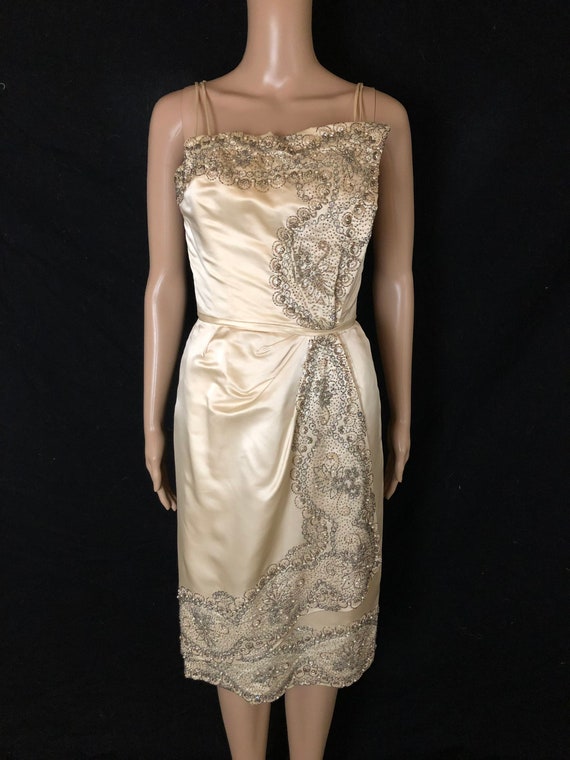 Vintage 1950's CEIL CHAPMAN Ivory Silk Satin Scul… - image 3