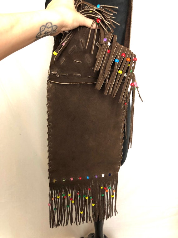 Vintage 60s 70s Brown Suede Leather Rainbow Beade… - image 10