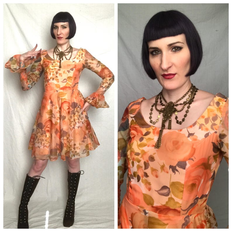 Vintage 60s 70s Autumnal Floral Trumpet Sleeve Dress  size image 0