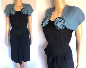 Vintage 1940's Blue + Black Rayon Crepe Sequined Cocktail Party Dress w/ 3D Rosettes - size XS Extra Small