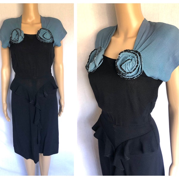 Vintage 1940's Blue + Black Rayon Crepe Sequined Cocktail Party Dress w/ 3D Rosettes - size XS Extra Small