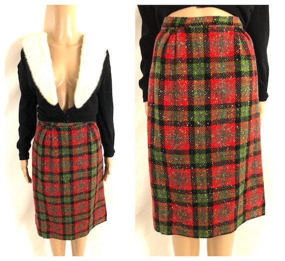 Vintage 1950's Christmas Skirt - Red + Green Plai… - image 1