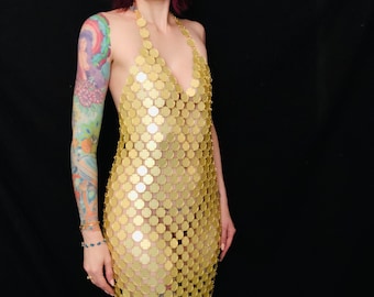 Golden GODDESS Shiny Mirror Acrylic Circles Disco Space Age Club Mini Dress - Paco Rabanne Style Chainmaille