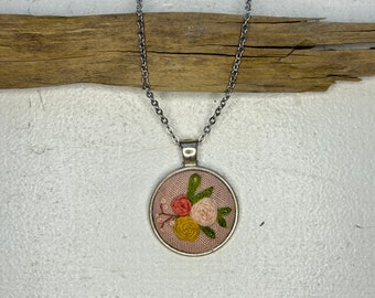 Hand embroidered floral necklace - vintage inspired, three roses, yellow, peach, silver setting