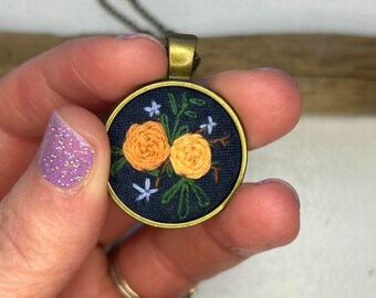Hand embroidered floral necklace - vintage inspired, orange and peach roses, bronze setting