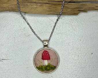 Hand embroidered mushroom necklace - vintage inspired, boho, silver setting