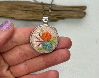 Hand embroidered floral necklace - vintage inspired, orange and teal roses, silver setting