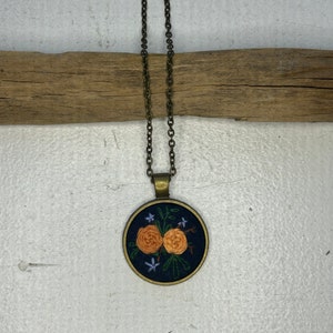 Hand embroidered floral necklace vintage inspired, orange and peach roses, bronze setting image 2