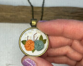 Hand embroidered floral necklace - vintage inspired, blue roses