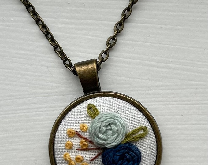 Hand embroidered floral necklace - vintage inspired, blue roses