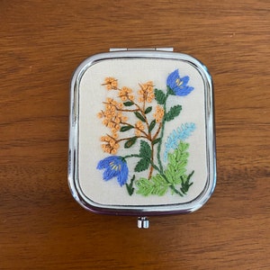 Floral Compact Mirror - hand embroidered, whimsical, flowers, garden, bouquet