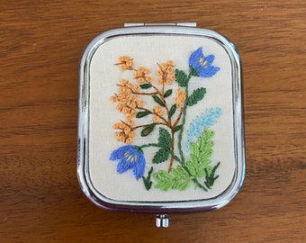 Floral Compact Mirror - hand embroidered, whimsical, flowers, garden, bouquet