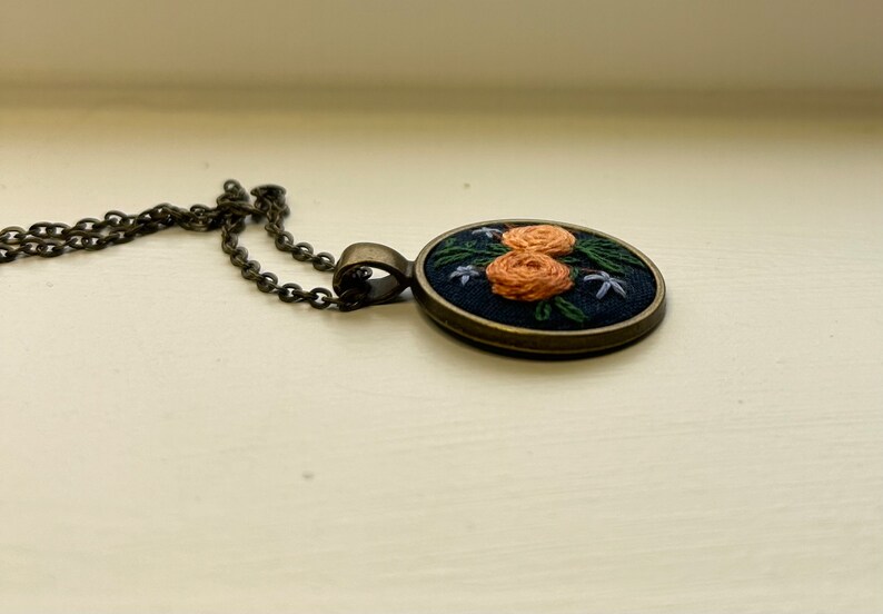 Hand embroidered floral necklace vintage inspired, orange and peach roses, bronze setting image 3