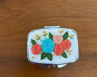 Floral Pillbox - hand embroidered, whimsical, flowers, garden, bouquet