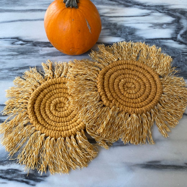 Pair of handmade/hand-dyed fringed gold coasters