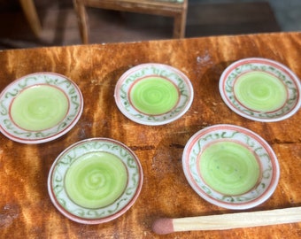 Set of five 1:12 scale dollhouse miniature wheel thrown  green decorated plates in porcelain