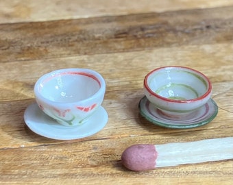 Set of 2 tiny bowls with saucers. 1:12 scale dollhouse miniature wheel thrown in porcelain