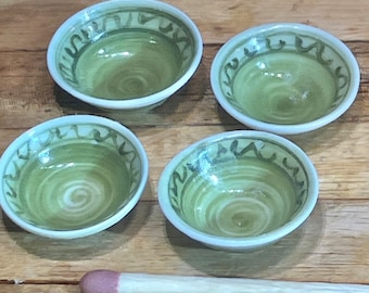 1:12 scale set of 4  small dollhouse miniature wheel thrown green  bowls in porcelain