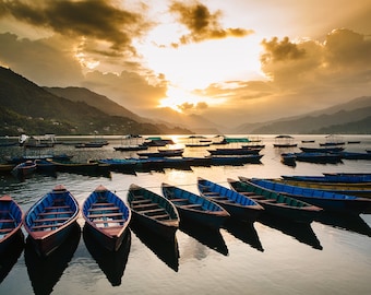 Boats on a Lake with Mountains at Sunset in Pokhara, Nepal || Fine Art Photography