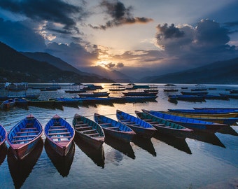 Boats on a Lake with Mountains at Sunset in Pokhara, Nepal || Fine Art Photography