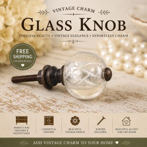 May include: A clear glass knob with a diamond pattern, a dark brown metal base, and a screw. The text on the image says "GLASS KNOB" and "VINTAGE CHARM". The knob is designed for dressers, cabinets, and vanities.