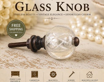 Vintage Glass Drawer Knob | Antique Style Cabinet Knob | Rustic Farmhouse Dresser Pull | Clear Glass Vanity Knob | Cottage Chic Hardware