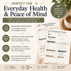 May include: A set of printable medication trackers and health overview sheets. The design includes space for tracking dosages, symptoms, and appointments. The text reads "Everyday Health & Peace of Mind" and "Medication Tracker". The sheets are US Letter size, 8.5" x 11".