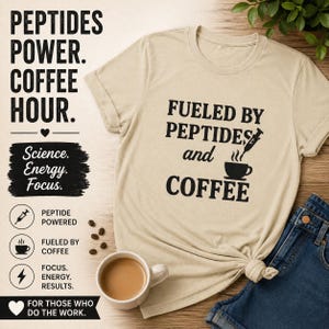 May include: Beige t-shirt with the text "FUELED BY PEPTIDES and COFFEE" in black. The shirt also features a coffee cup and a syringe graphic. A cup of coffee and coffee beans are visible.