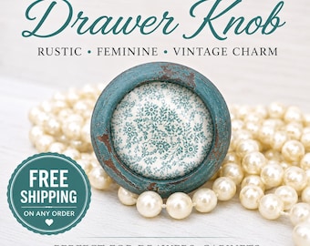 Teal Antique Drawer Knob | Shabby Chic Cabinet Knob | Rustic Cottage Dresser Pull | Farmhouse Vanity Hardware | Vintage Floral Knob