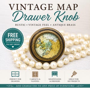 May include: Vintage map drawer knob with a rustic, antique brass finish. The knob features a detailed map design within a circular frame. The text on the image reads "Vintage Map Drawer Knob" and "Add character to any piece of furniture!"