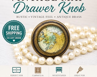 Vintage Map Drawer Knob | Rustic Brass Cabinet Knob | Antique Style Dresser Pull | Travel Theme Furniture Hardware | World Map Vanity Knob