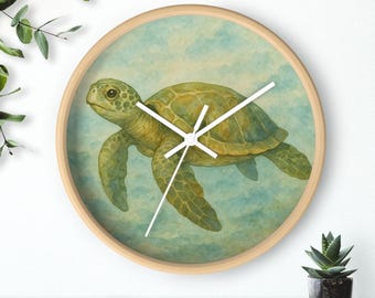 Sea Turtle Wall Clock: Coastal Wood Frame, Silent Movement