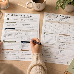 May include: Two printed medication tracker sheets on a wooden surface. One sheet is labeled "Medication Tracker" and the other "Weekly Medication & Health Overview." A person is writing on the "Medication Tracker" sheet with a pen. A cup of coffee and a candle are in the background.