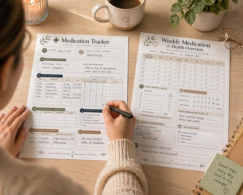 May include: Two printed medication tracker sheets on a wooden surface. One sheet is labeled "Medication Tracker" and the other "Weekly Medication & Health Overview." A person is writing on the "Medication Tracker" sheet with a pen. A cup of coffee and a candle are in the background.