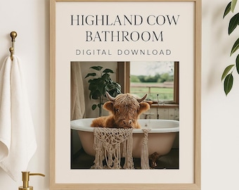 Print Schotse hooglander in bad: rustieke boerderijbadkamer (digitale download)
