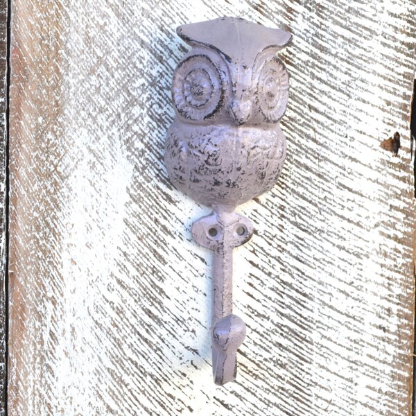 Lilac Owl Hook / Cast Iron Owl Hook / Garden Decor Outdoor Indoor / Baby Nursery Room Decor / Necklace Hanger Coat Wall Hook / Cottage Chic