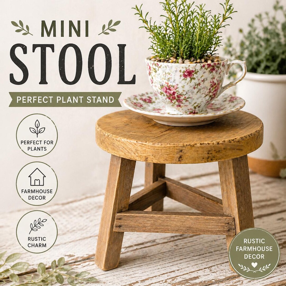 Mini Stool Plant Stand – Rustic Wood Riser, Farmhouse Decor Pedestal ...